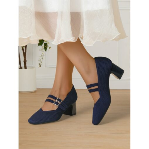 Breathable Fly-knit Mary Jane Pumps with Double Buckle Detail and Chunky Heel, Elegant Style for Women, Ideal for Work, Events and Formal Occasions 2025 - Image 2
