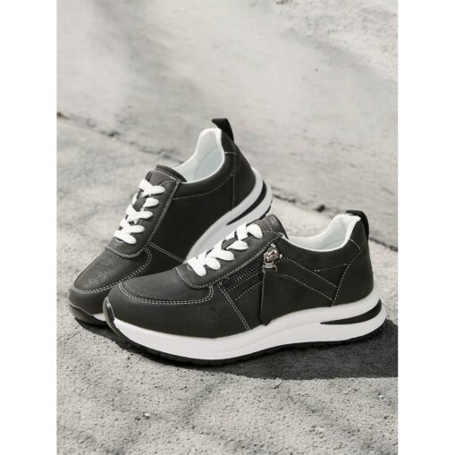 Women's Brown Faux Leather Casual Sneakers with Side Zipper – Comfortable Lace-Up Shoes for Everyday and Outdoor Wear 2025 - Image 2