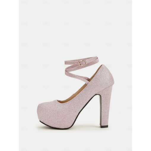 Women's Pink Glitter Platform Heels with Ankle Strap – Sparkling High Heel Pumps for Parties, Weddings, and Special Events 2025