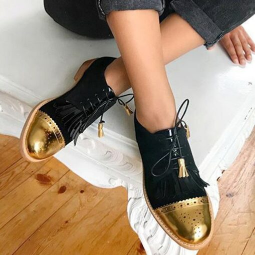 Women's Black Oxford Shoes with Gold Cap Toe, Tassel Detail, Fringe Design, and Leather Sole 2025