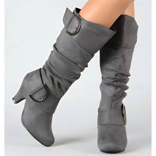 Women's Red Suede Slouchy Knee-High Boots with Buckle Detail and Mid Heel - Stylish Footwear for Fall and Winter 2025 - Image 4