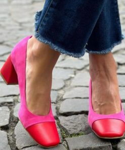 Women's Pink and Red Suede Block Heel Pumps with Color-Block Toe - Elegant Shoes for Office or Casual Wear 2025