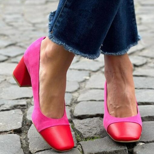 Women's Pink and Red Suede Block Heel Pumps with Color-Block Toe - Elegant Shoes for Office or Casual Wear 2025