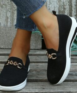 Women's Breathable Knit Slip-On Sneakers - Comfortable Casual Walking Shoes with Chain Detail 2025