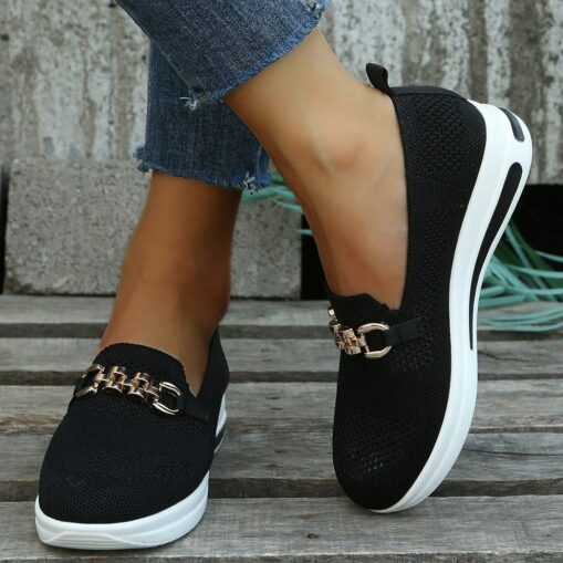 Women's Breathable Knit Slip-On Sneakers - Comfortable Casual Walking Shoes with Chain Detail 2025