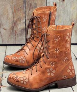 Women's Vintage Floral Embroidered Lace-Up Ankle Boots - Bohemian Style Leather Boots with Side Zipper for Fall and Winter 2025