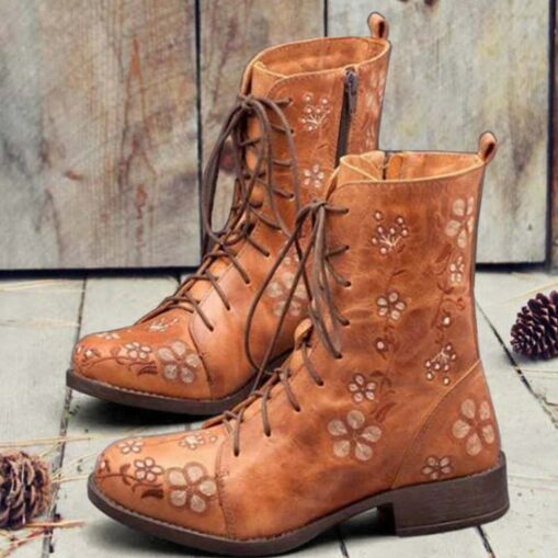 Women's Vintage Floral Embroidered Lace-Up Ankle Boots - Bohemian Style Leather Boots with Side Zipper for Fall and Winter 2025