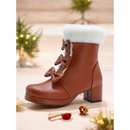 Women's Brown Ankle Boots with Fur Trim and Bow Details - Cozy and Stylish Footwear for Winter and Holiday Events 2025 - Image 3