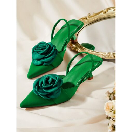 Red Satin Pointed-Kitten Heels with Rose Decoration for Women - Ideal for Weddings and Summer Events 2025 - Image 4