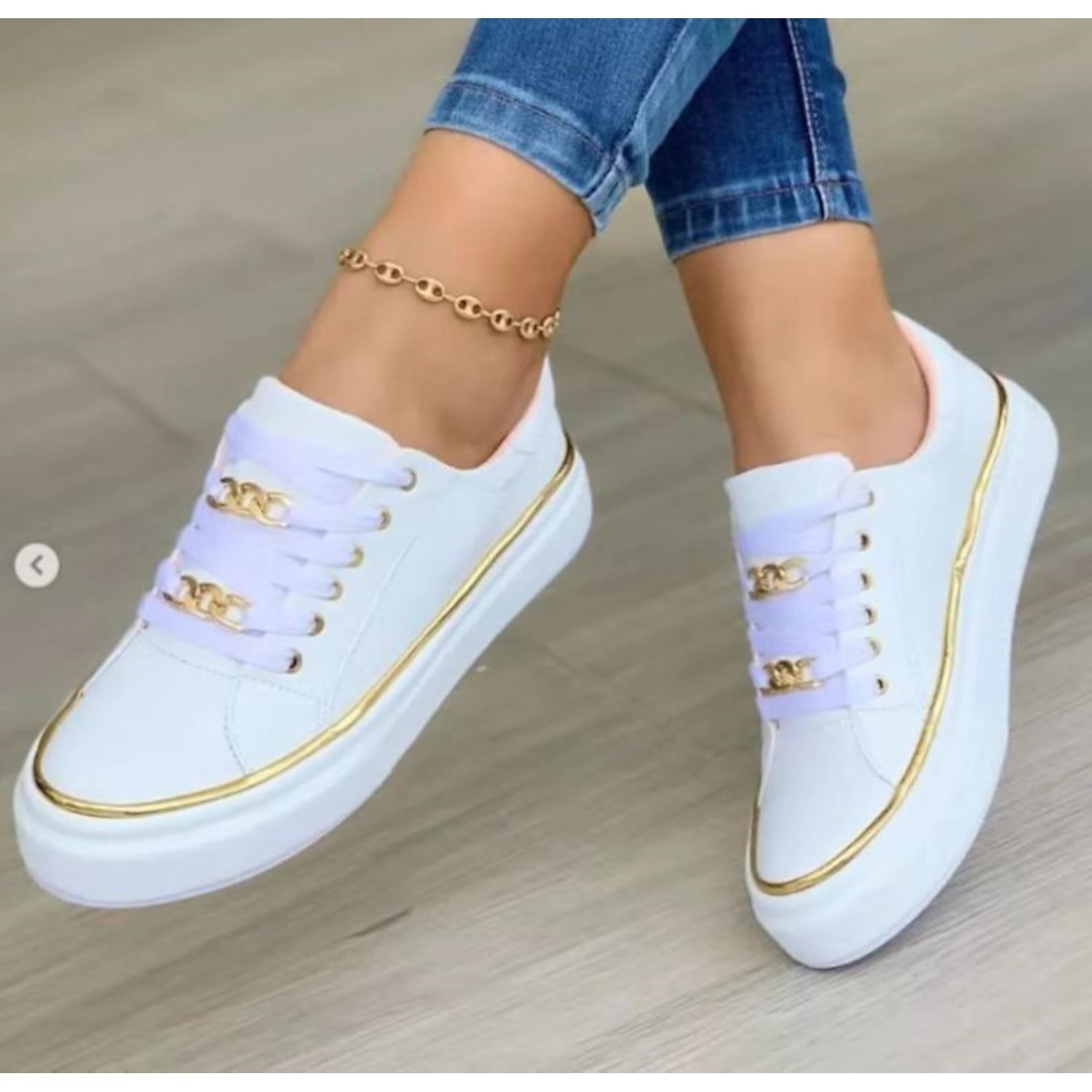 Women's Black Lace-Up Sneakers with Gold Chain Detail – Casual Fashion Shoes for Everyday Wear 2025 - Image 2