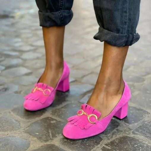 Women's Vintage Green Suede Loafers with Gold Buckle and Fringe Detailing - Block Heel Shoes for Formal and Casual Occasions 2025 - Image 4