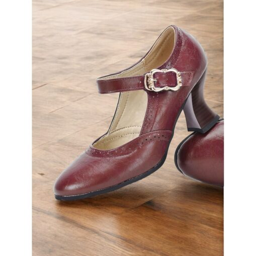 Women's Vintage Green faux Leather Mary Jane Pumps for Mid-Heel Dress Shoes with Brogue Detailing and Buckle Strap, Ideal for Office, Formal Events - Image 2