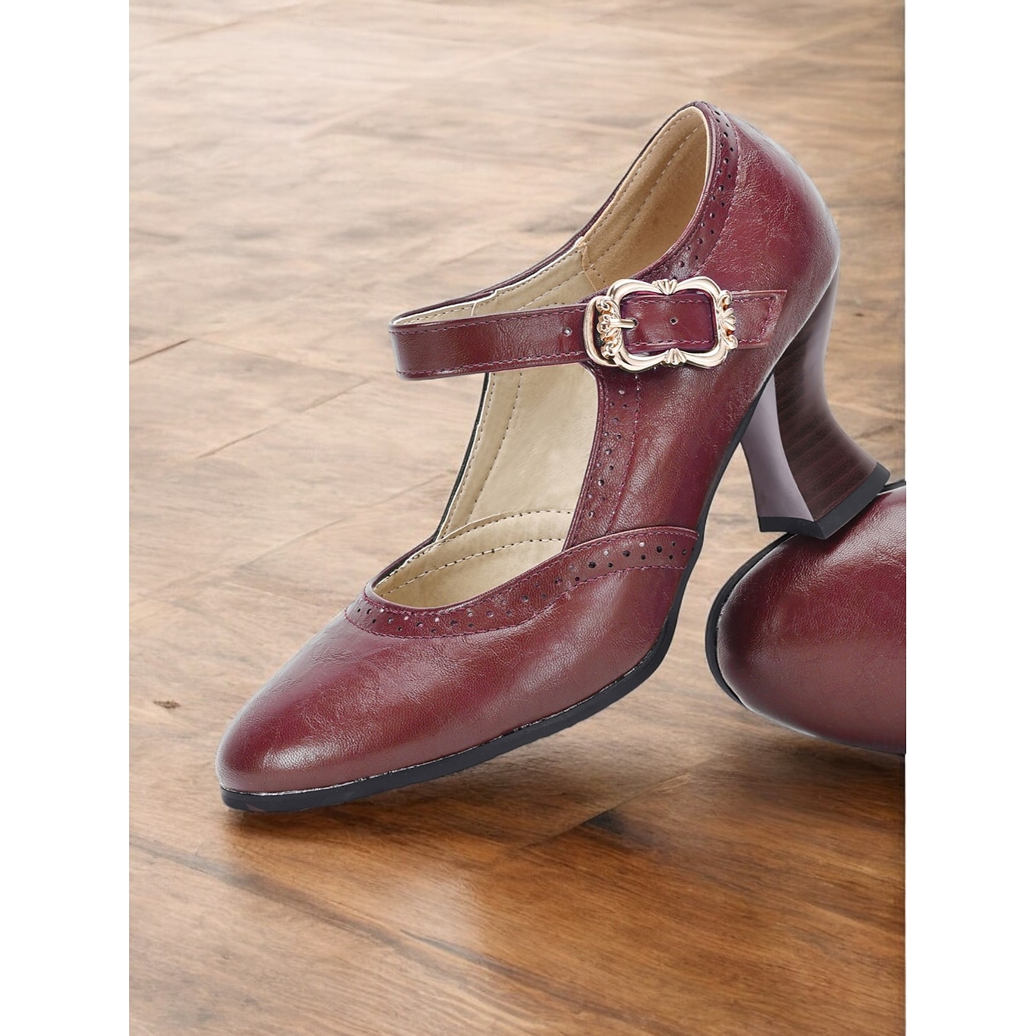 Women's Vintage Green faux Leather Mary Jane Pumps for Mid-Heel Dress Shoes with Brogue Detailing and Buckle Strap, Ideal for Office, Formal Events - Image 2