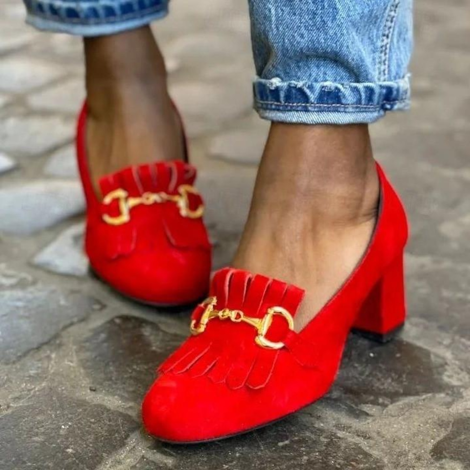 Women's Vintage Green Suede Loafers with Gold Buckle and Fringe Detailing - Block Heel Shoes for Formal and Casual Occasions 2025 - Image 3