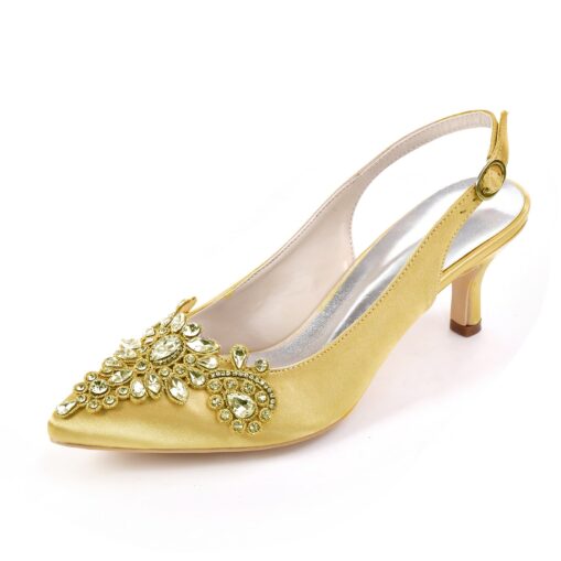 Women's Champagne Satin Slingback Heels with Rhinestone Embellishments - Elegant Bridal Shoes for Weddings and Formal Events 2025 - Image 5