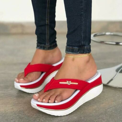 Women's Denim Wedge Flip-Flop Sandals – Stylish Casual Beachwear with Comfort Sole and Metal Accent 2025 - Image 3