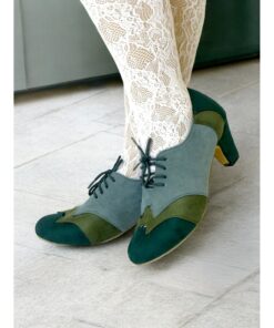 Vintage Two-Tone Faux Suede Lace-Up Women's Oxford Shoes – Retro-Inspired Green and Teal Block Heel Shoes for Casual and Office Wear 2025