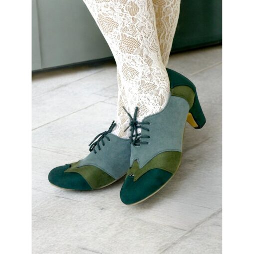 Vintage Two-Tone Faux Suede Lace-Up Women's Oxford Shoes – Retro-Inspired Green and Teal Block Heel Shoes for Casual and Office Wear 2025