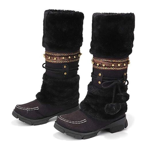 Women's Winter Faux Fur Boots with Decorative Pom-Poms and Beaded Trim - Perfect for Cold Weather and Casual Wear 2025 - Image 3