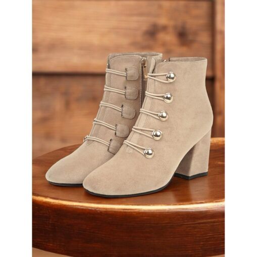 Women's Burgundy Ankle Boots – Suede Block Heel with Gold Button Embellishments, Lace-Up Design, Perfect for Autumn and Winter Outfits 2025 - Image 3