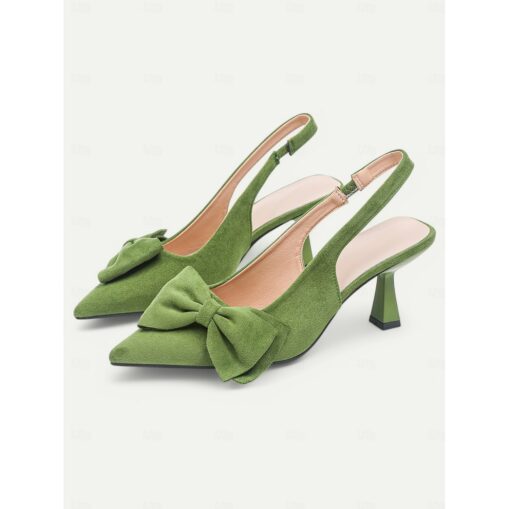 Women's Green Suede Slingback Heels – Pointed Toe Kitten Heels with Bow Detail, Elegant Pumps for Parties & Office Wear 2025