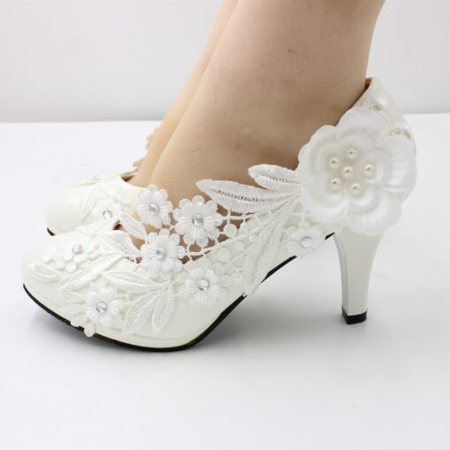 Women's White Wedding Heels – Lace Floral Embellishments with Pearl and Rhinestone Accents, Perfect for Brides and Special Occasions 2025