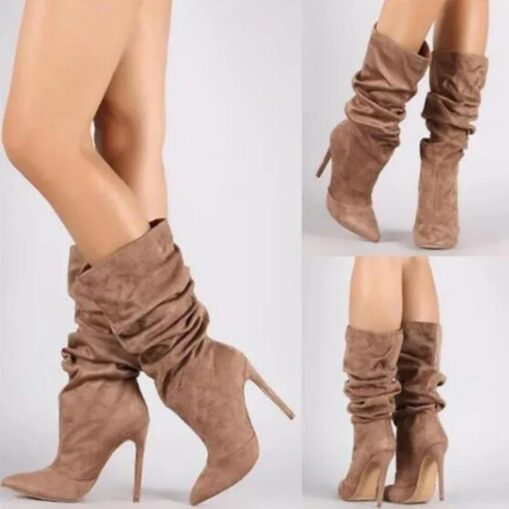 Women's Slouchy Suede Stiletto Boots, High Heel Pointed Toe Mid-Calf Boots in Multiple Colors for Stylish Fall and Winter Outfits 2025 - Image 4