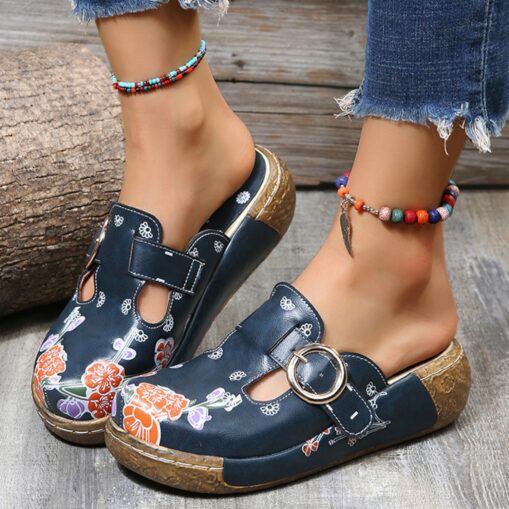 Women's Floral Embroidered Slip-On Clogs with Buckle Detail and Wedge Heel - Comfortable Vintage Casual Shoes 2025