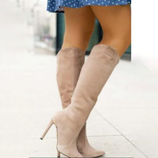 Women's Beige Faux Suede Knee-High Boots with Pointed Toe and Stiletto Heels - Elegant Fall and Winter Footwear for Parties and Formal Events 2025