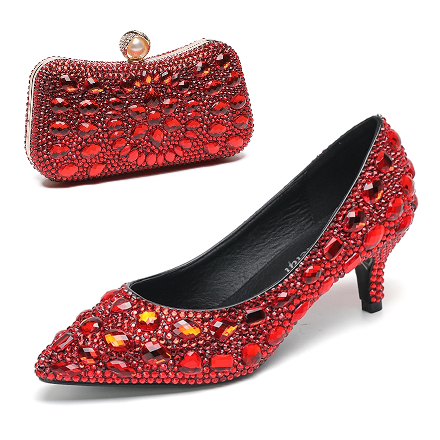 Women's Crystal-Embellished Kitten Heel Shoes and Matching Clutch Set - Elegant Rhinestone Wedding Pumps with Evening Bag 2025 - Image 6