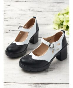 Women's Vintage Black and White Mary Jane Chunky Heel Shoes - Retro Brogue Style for Office and Casual Wear 2025