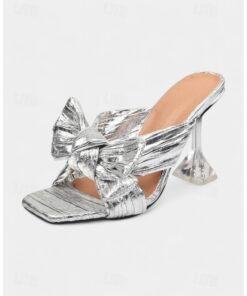 Silver Metallic Bow-Knot Heels with Transparent Block Heel Design - Statement Party Shoes for Women 2025