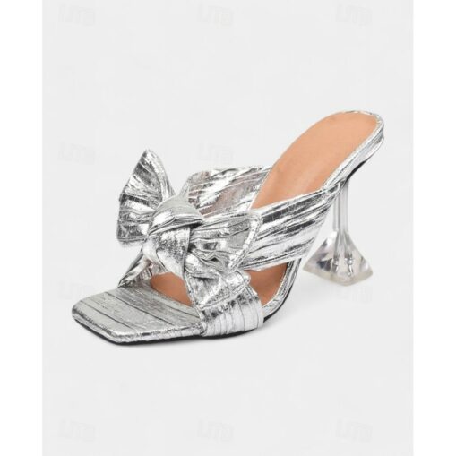 Silver Metallic Bow-Knot Heels with Transparent Block Heel Design - Statement Party Shoes for Women 2025