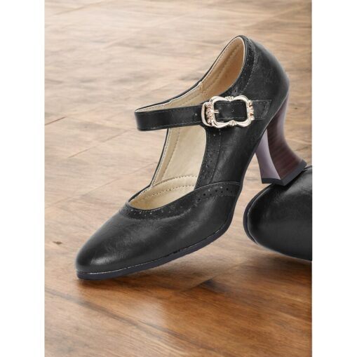 Women's Vintage Green faux Leather Mary Jane Pumps for Mid-Heel Dress Shoes with Brogue Detailing and Buckle Strap, Ideal for Office, Formal Events - Image 3