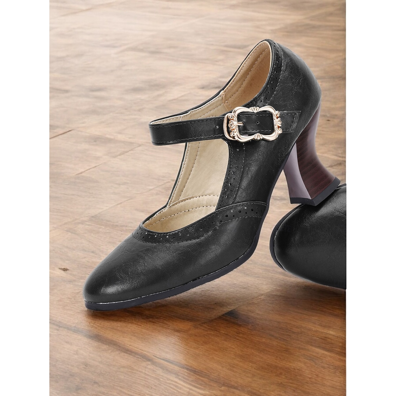 Women's Vintage Green faux Leather Mary Jane Pumps for Mid-Heel Dress Shoes with Brogue Detailing and Buckle Strap, Ideal for Office, Formal Events - Image 3