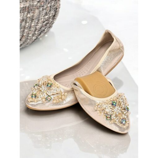 Women's Foldable Gold Glitter Flats with Crystal Embellishments – Comfortable Slip-On Shoes for Casual and Special Occasions 2025