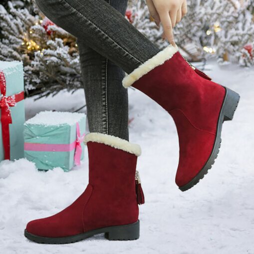 Women's Wine Red Faux Suede Fur-Lined Ankle Boots with Tassel Accent and Non-Slip Sole, Perfect for Winter Outdoor Wear and Casual Fashion 2025