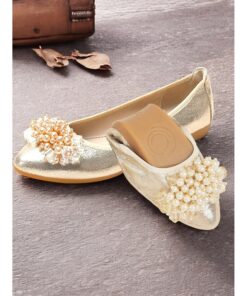 Women's Gold Glitter Ballet Flats with Pearl Embellishments – Elegant and Comfortable Shoes for Weddings and Special Occasions 2025