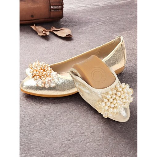 Women's Gold Glitter Ballet Flats with Pearl Embellishments – Elegant and Comfortable Shoes for Weddings and Special Occasions 2025