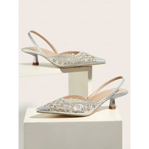 Pink Glitter Mesh Slingback Heels with Cut-Out Design and Low Kitten Heels for Formal Events and wedding 2025 - Image 4