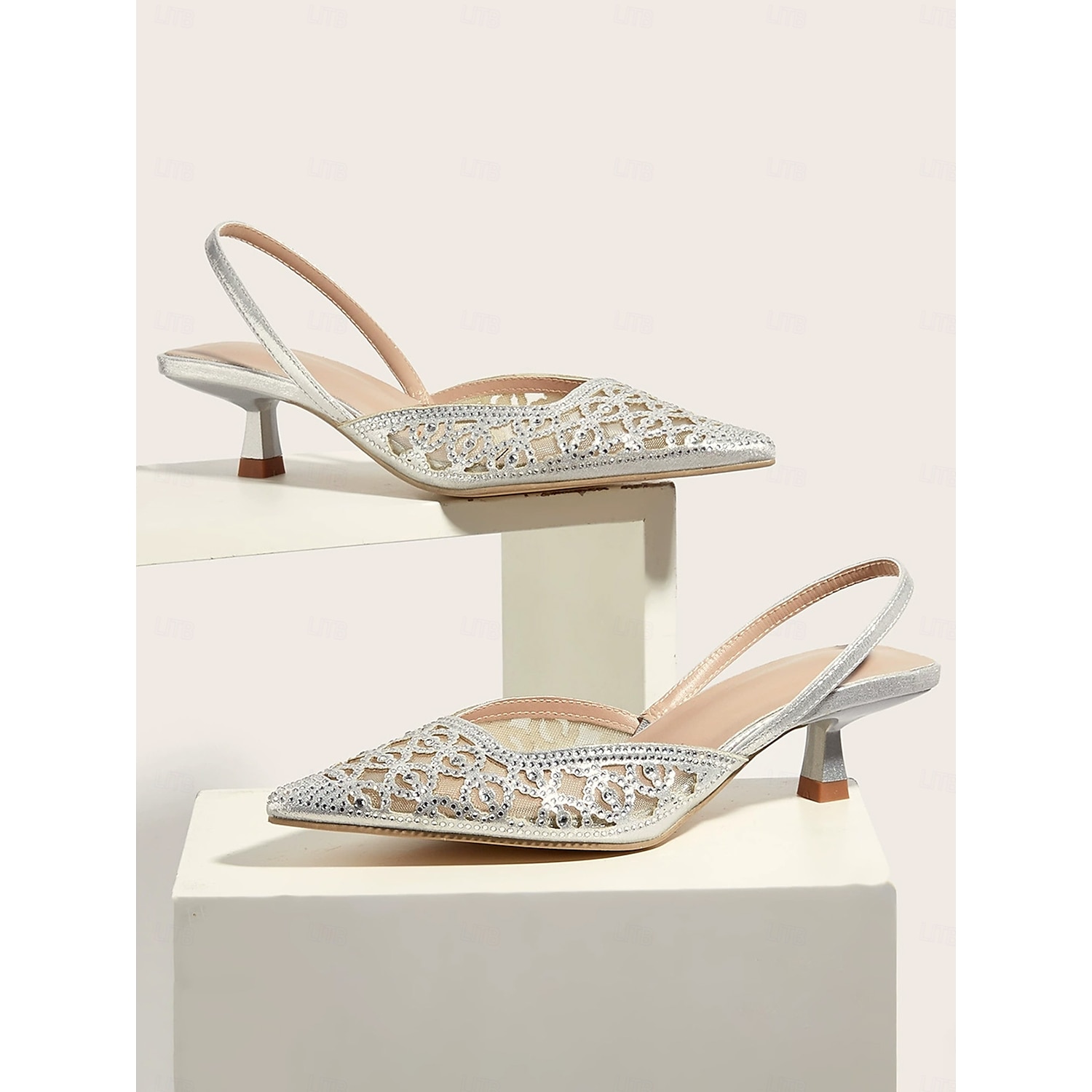 Pink Glitter Mesh Slingback Heels with Cut-Out Design and Low Kitten Heels for Formal Events and wedding 2025 - Image 4
