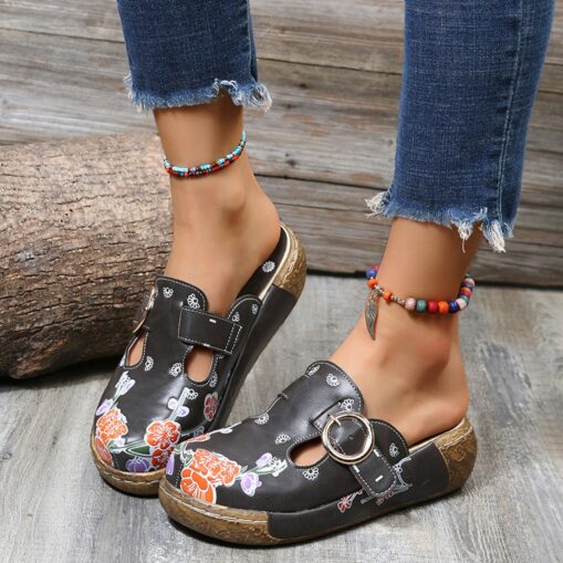 Women's Floral Embroidered Slip-On Clogs with Buckle Detail and Wedge Heel - Comfortable Vintage Casual Shoes 2025 - Image 4