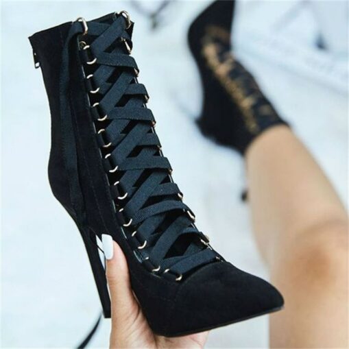 Women's Grey Suede Lace-Up Stiletto Ankle Boots – Elegant Pointed Toe High Heels for Parties and Formal Events 2025 - Image 2