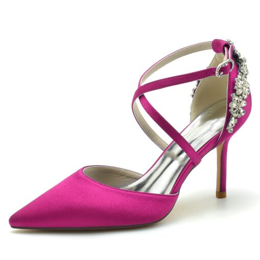 Women's Wedding Shoes Pumps Bridal Shoes Rhinestone Stiletto Pointed Toe Luxurious Satin Cross Strap Wine Black White 2025 - Image 5