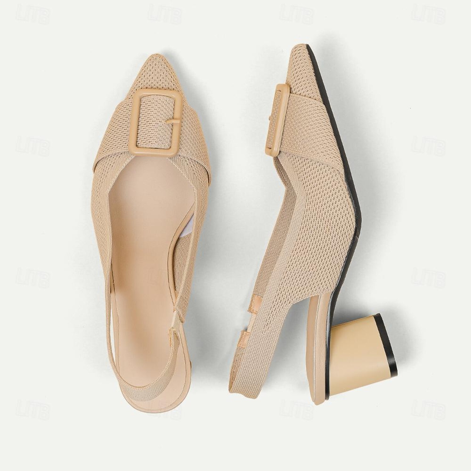 Women's Heels Plus Size Flyknit Shoes Wedding Outdoor Office Striped Buckle Block Heel Pointed Toe Fashion Classic Comfort Walking Knit Loafer Almond - Image 8