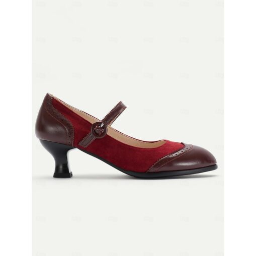 Vintage-Inspired Burgundy & Brown Leather Mary Jane Heels for Women, Perfect for Work and Special Occasions 2025