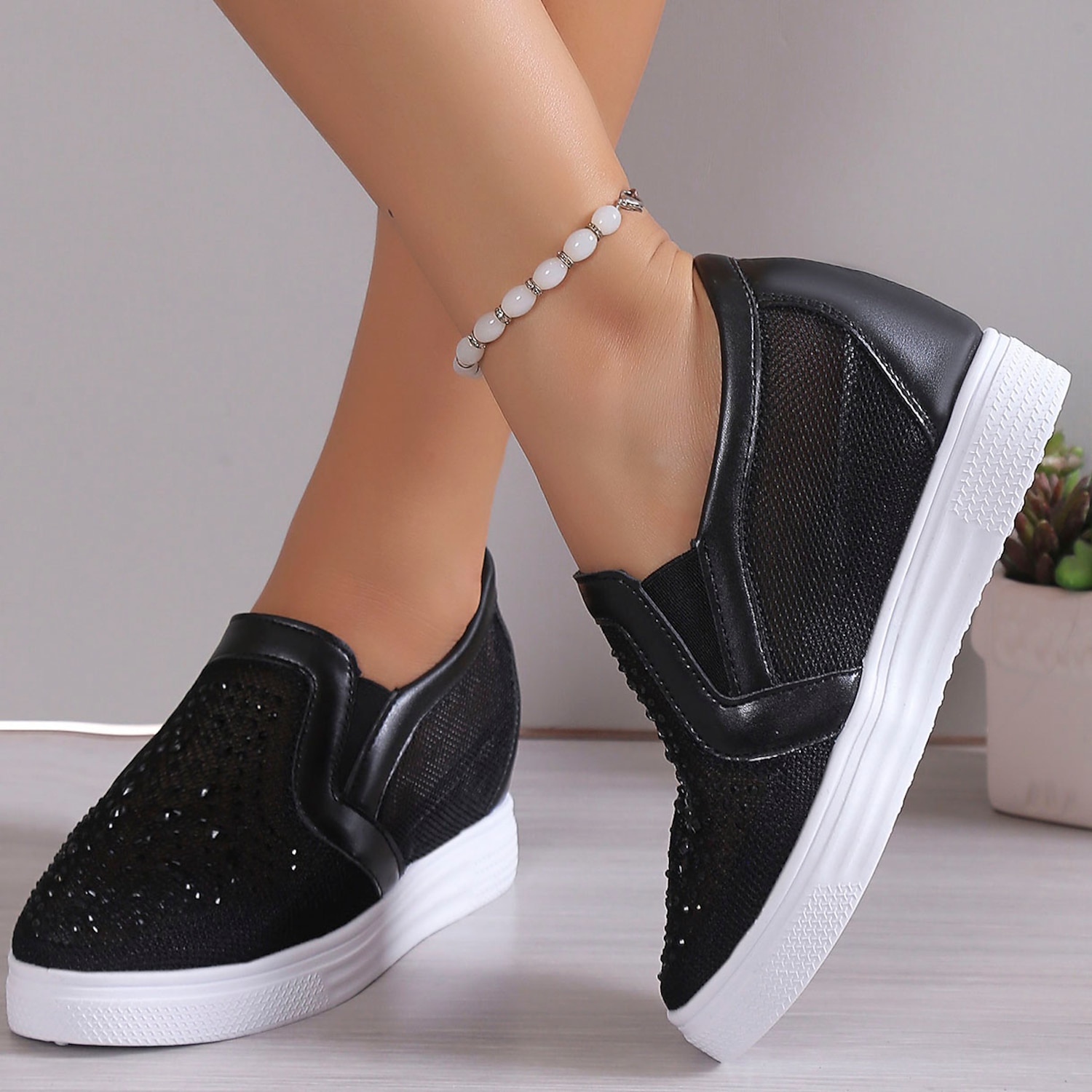 Women's White Slip-On Sneakers with Rhinestone Mesh Design - Comfortable and Stylish for Casual Wear 2025 - Image 2