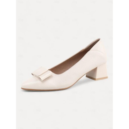 Women's Nude Block Heel Pumps with Bow – Elegant Pointed Toe Slip-On Shoes for Office and Formal Events 2025 - Image 2