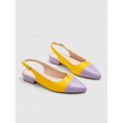Colorful Women's Yellow and Purple Pointed Toe Slingback Flats with Low Block Heel for Summer and Casual Outings 2025