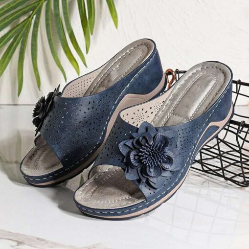 Women's Open-Toe Slip-On Wedge Sandals with Floral Decoration – Breathable, Comfortable, and Stylish for Casual Summer Wear 2025